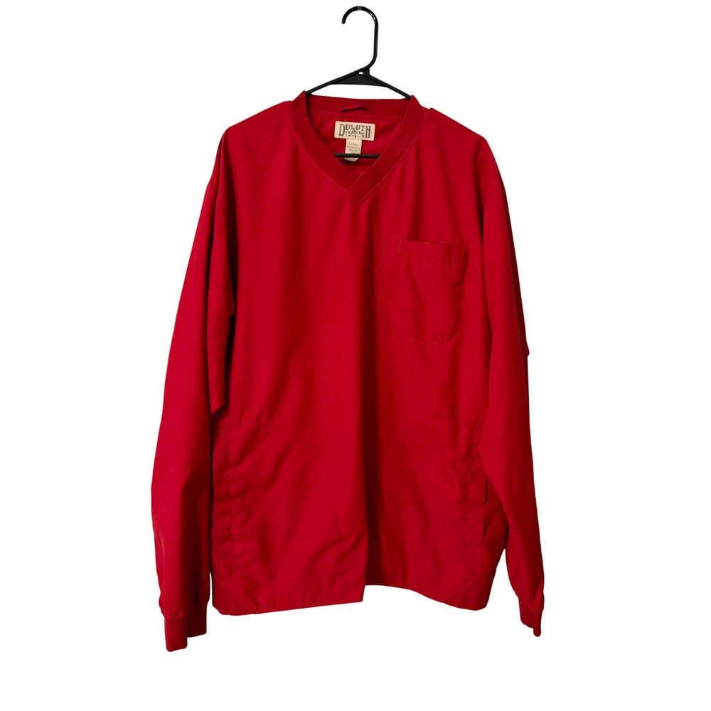 Duluth Trading Co Mens Large Tall Red V-Neck Windbreaker Pullover Jacket Pocket
